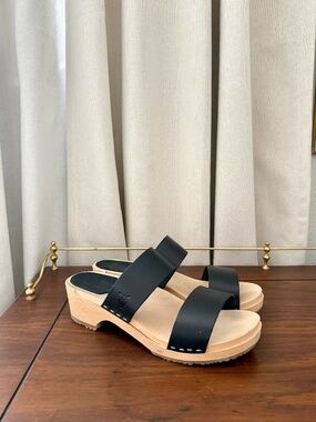 Sandgrens Stockholm Low Wooden Clog Sandals - Black Leather Size 40